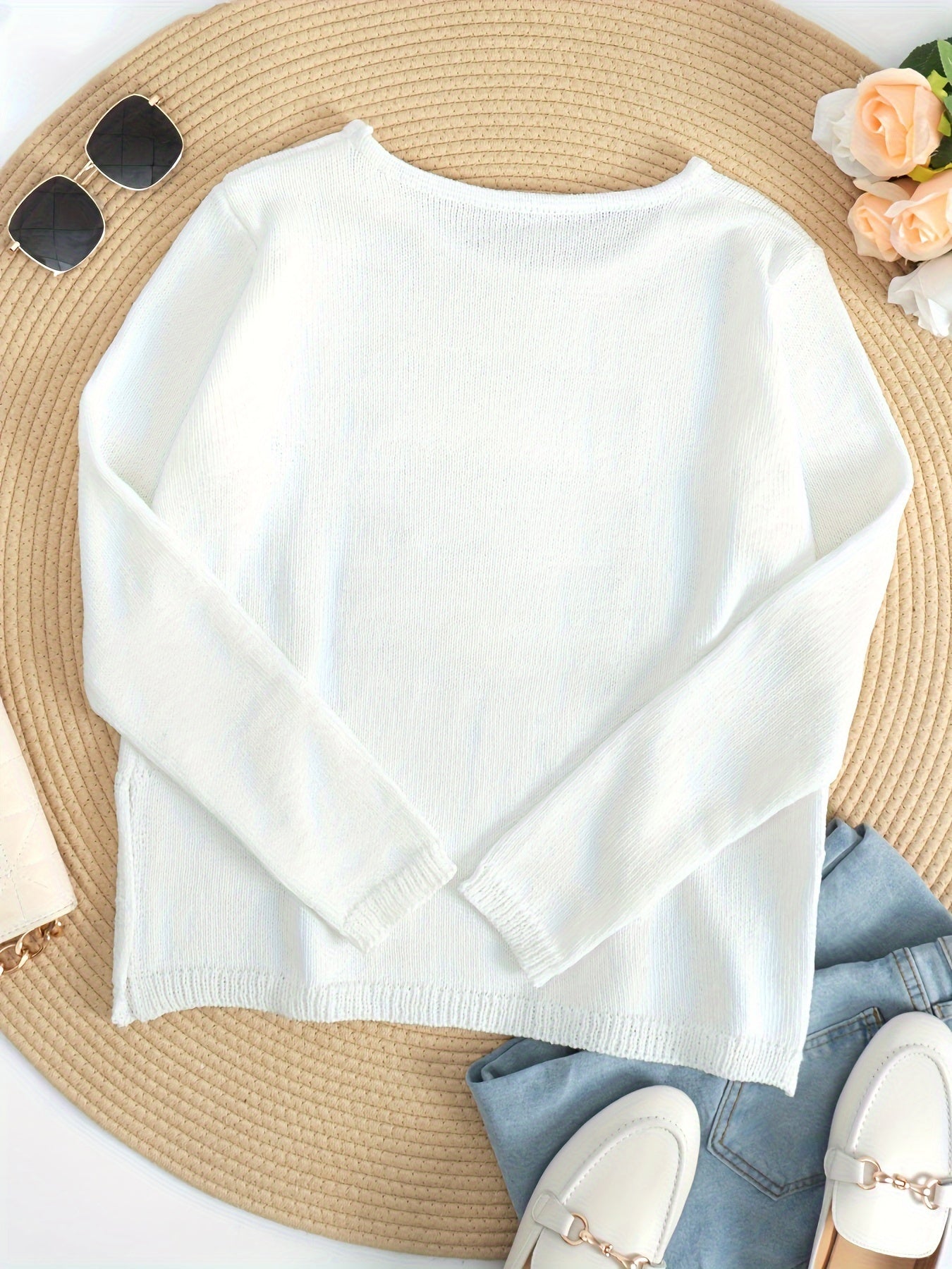 Relaxed Beach-Themed Long Sleeve Knit Sweater for Women - Spring/Autumn Season, Polyester Material, Round Neck, Letter Pattern, Casual Style